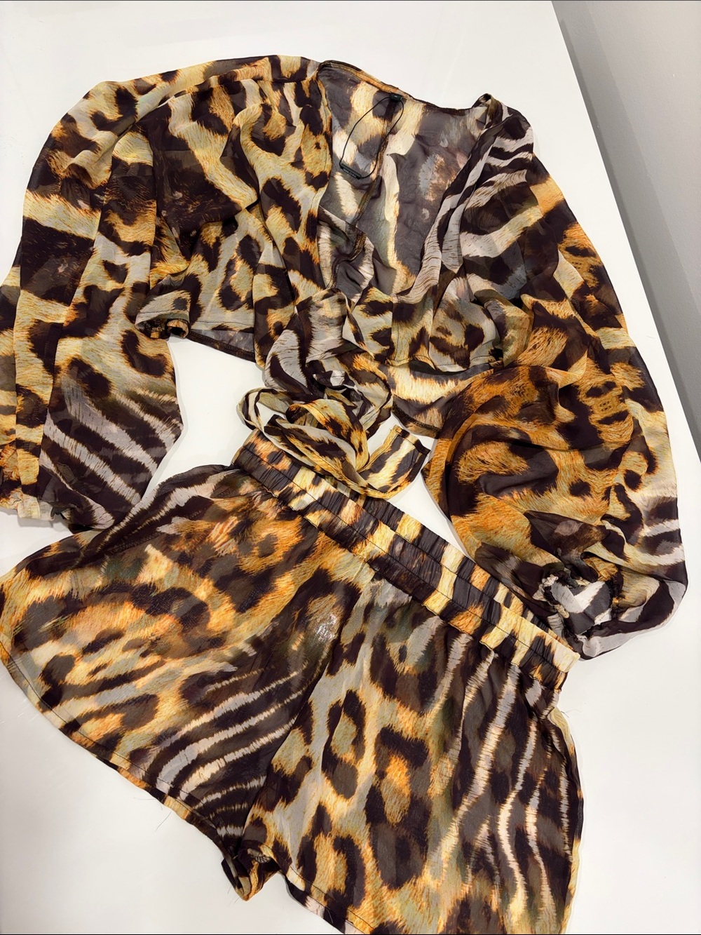 Fashion Nova Leopard Zebra Mix Sheer Tie-Front Blouse Short Set - Brown Black